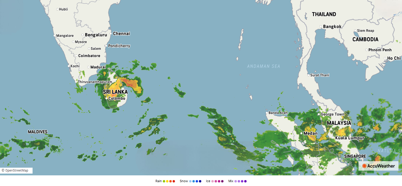 AccuWeather radar showing severe weather over Sri Lanka as of 6:00 PM SLT
